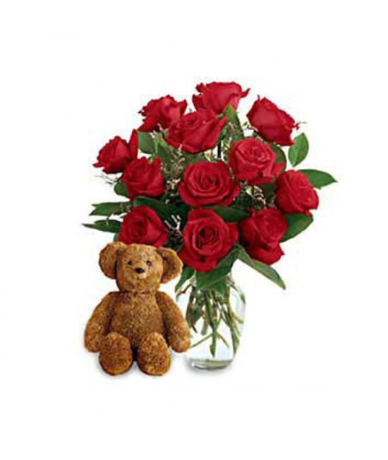 Twelve Premium Long Stemmed Roses with a Bear